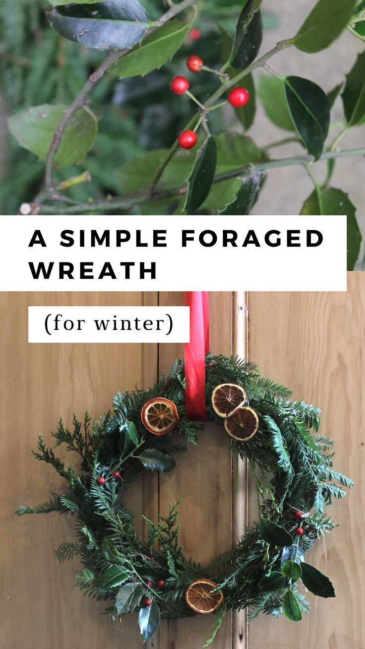 A foraged wreath with greenery, red berries, dried oranges, and red ribbon hanging on a wooden door. A close up of wild foraged holly with bright red berries. How To Make A Fresh Wreath, Diy Natural Wreaths For Front Door, How To Make A Natural Wreath, Making A Wreath With Greenery, Diy Nature Wreath, Foraging For Christmas Decor, How To Make A Yule Wreath, Foraged Wreath Christmas, Diy Foraged Wreath