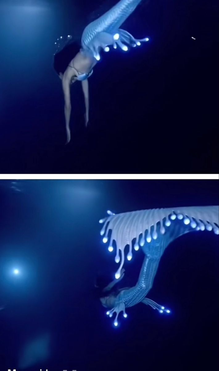 two pictures of a woman diving in the water with an illuminated lizard on her back