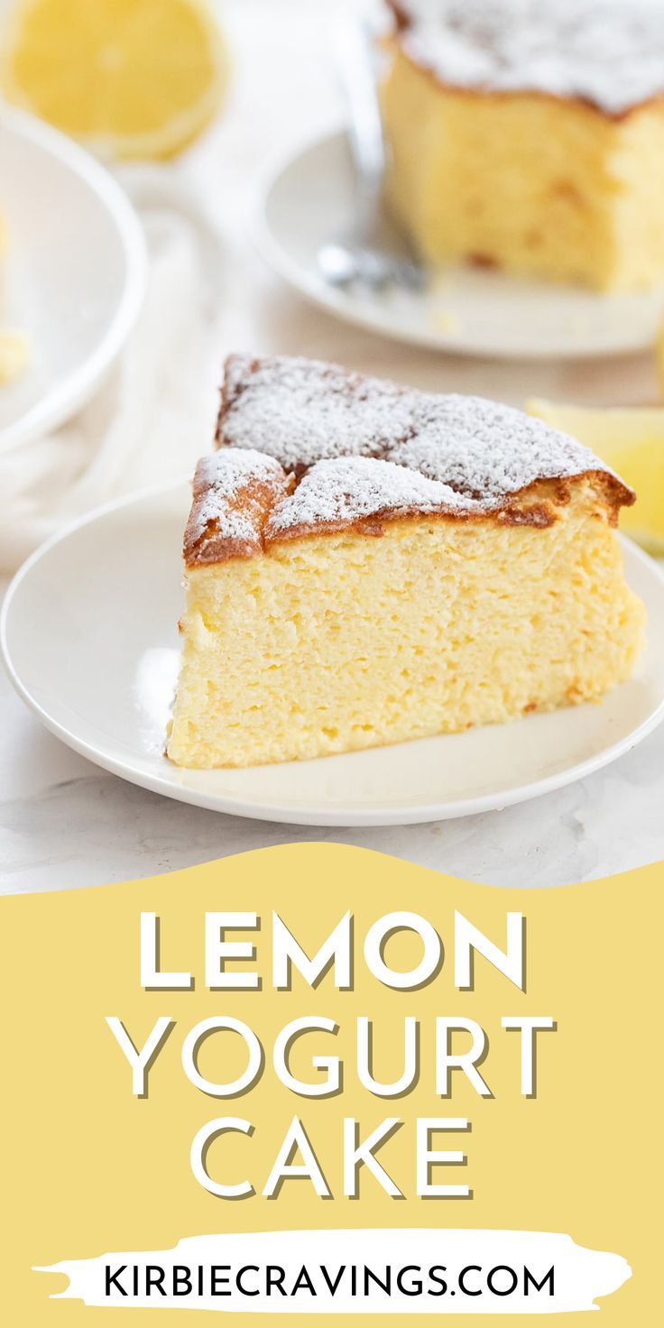 lemon yogurt cake on a white plate with the title overlay