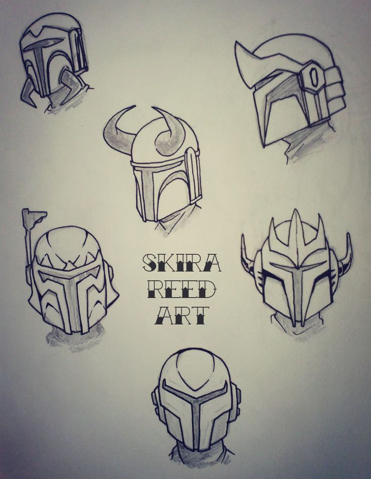 sketches of different types of helmets on a white sheet with the words skara red art