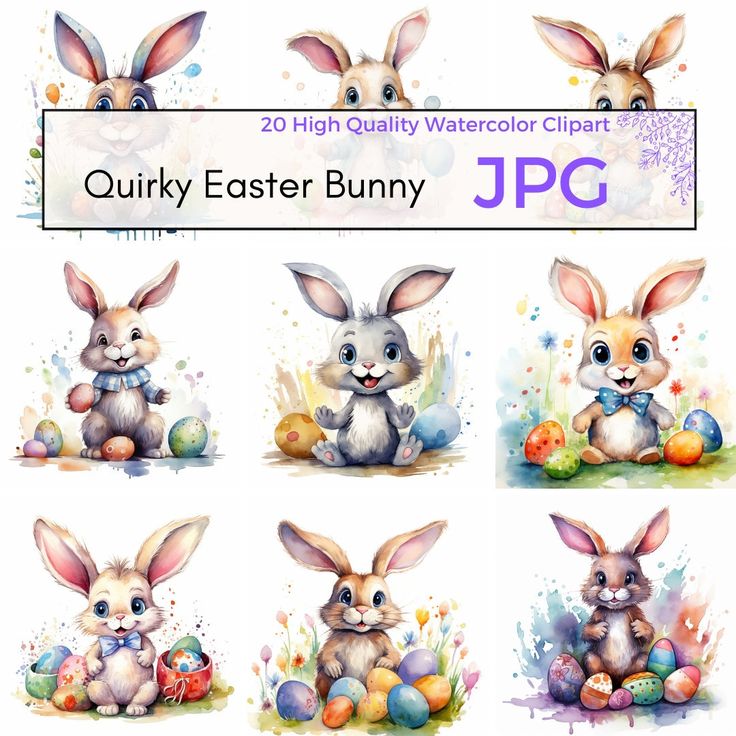 watercolor easter bunny clipart with eggs and bunnies in different positions, including an egg