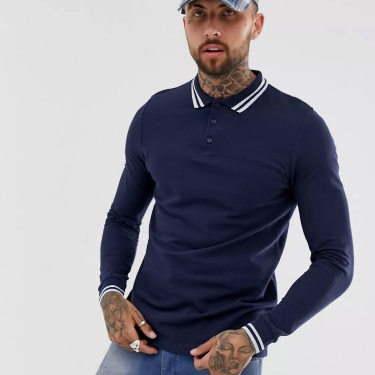 Loving This Look Polo Collar Button Placket Long Sleeve Contrast Tipping To Collar And Cuffs Regular Fit 100% Cotton Pique Polo Shirt, Polo Collar, Collar And Cuff, Polo Shirt, Asos, Mens Shirts, Blue And White, Man Shop, Navy