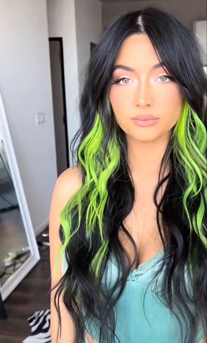 Dark Hair With Bright Colors Underneath, Black Hair With Green Money Pieces, Black And Vibrant Hair, Black Hair With Color Block, Low Maintenance Vivid Hair Color, Peekaboo Hair Extensions, Lime Green Money Piece Hair, Black Hair With Streak Of Color, Black Hair Green Money Piece