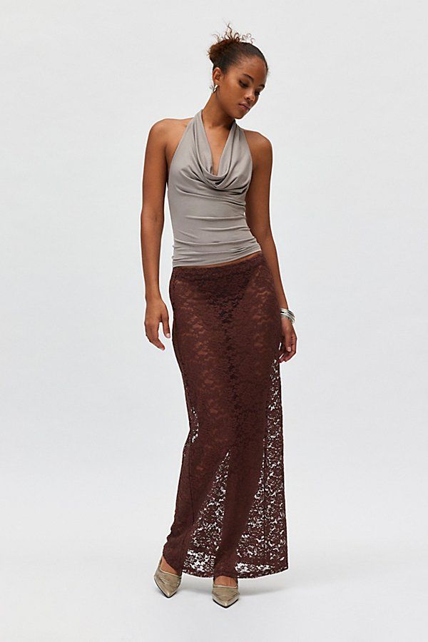 Modern minimal Lioness maxi skirt in a body-skimming, column silhouette. Designed in a sheer floral lace featuring a low-rise waistline for an effortless vibe. Features Lioness Black Swan sheer lace maxi skirt Low rise maxi skirt Sheer floral lace with stretch Low rise elasticated waistline Body-skimming fit Maxi length Unlined Easy pull-on style Content + Care 90% Nylon, 10% spandex Machine wash Imported Size + Fit Model in Brown is 5’11" and wearing size Small Measurements taken from size Small Length: 42.5" | Lioness Black Swan Sheer Lace Maxi Skirt in Brown, Women's at Urban Outfitters Elegant Fitted Sheer Maxi Skirt, Sheer Lace Fitted Skirt, Chic Sheer Fitted Maxi Skirt, Chic Fitted Sheer Maxi Skirt, Party Lace Fitted Maxi Skirt, Fitted Party Maxi Skirt With Lace Trim, Fitted Lace Maxi Skirt For Party, Fitted Lace Long Skirt, Chic Fitted Maxi Skirt With Lace Trim