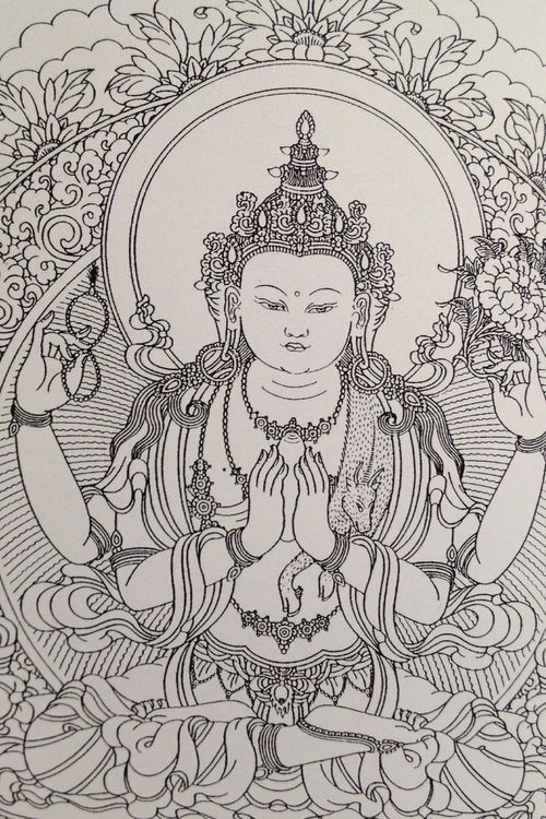 a drawing of a buddha sitting in the middle of a room