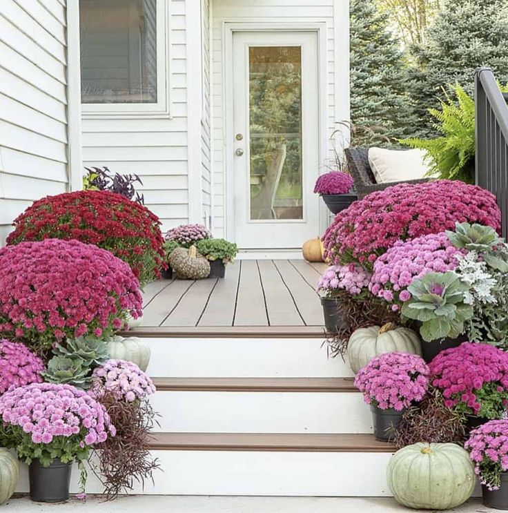 the front porch is decorated with colorful flowers and potted plants on the steps leading up to the door