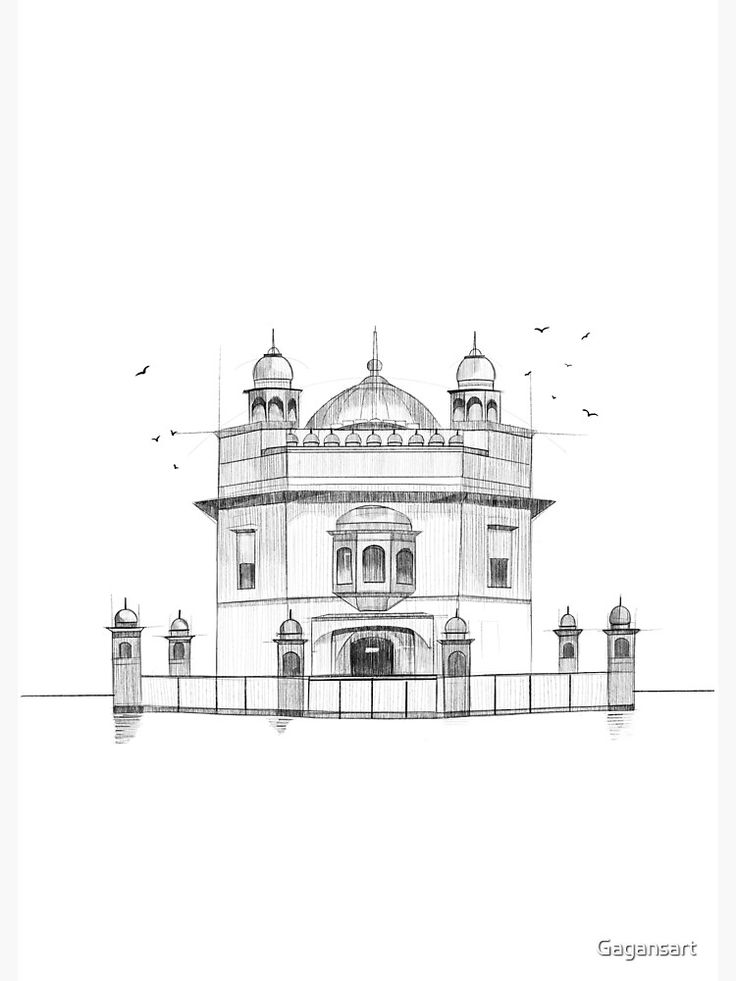 a drawing of a large building with two towers on each side and a fence around it