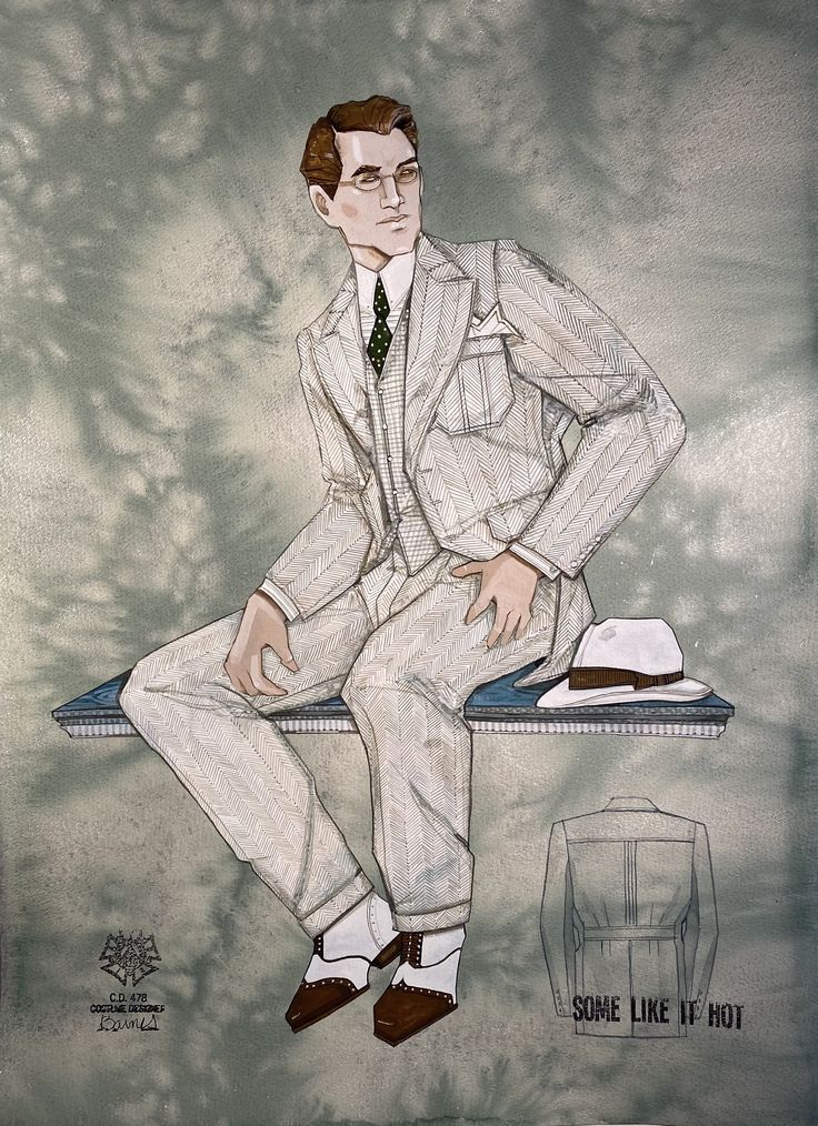 a drawing of a man in a suit sitting on a bench with his hands on his hips