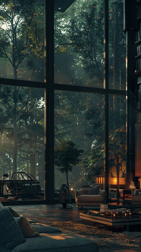 a living room filled with lots of furniture and large windows overlooking the forest at night