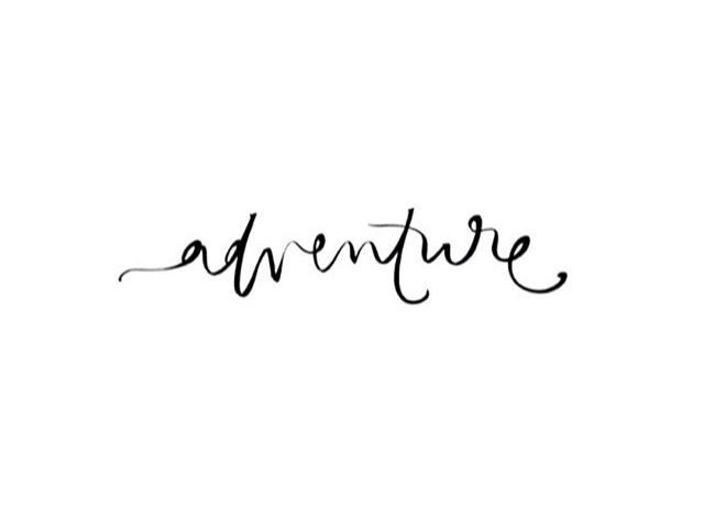 the word adventure written in cursive writing on a white background with black ink