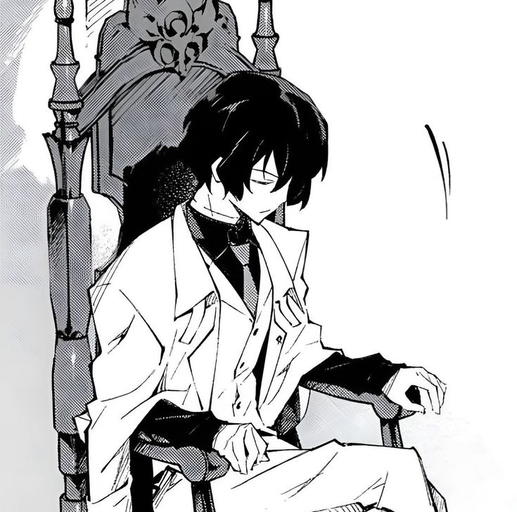 an anime character sitting in a chair with his legs crossed