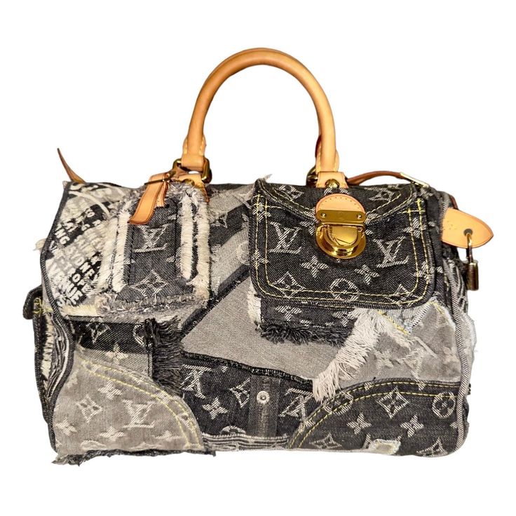 LIMITED EDITION - A rare gem by Louis Vuitton designed by Marc Jacobs Sold out immediately AD campaign with Scarlett Johansson for SS 2007 Patchwork design Denim fabric with the famous LV monogram &"Bags and Trunks" Vachetta leather trimmings Round top handles Raw-Edge & Distressed Accents Four Exterior Pockets Zip Closure at Top Includes Lock, Keys & Luggage Tag Gold-tone hardware 2 internal pockets Fully lined with floral fabric Detachable Louis Vuitton address tag Made in France Please refer Marc Jacobs Louis Vuitton, Louis Vuitton Runway, Louis Vuitton Vintage Bag, Lv Monogram Bag, Louis Vuitton Jeans, Vintage Marc Jacobs, Monogram Bags, Denim Patchwork Jeans, Louis Vuitton Denim