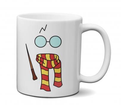 a white coffee mug with an image of harry potter holding a wand and wearing glasses