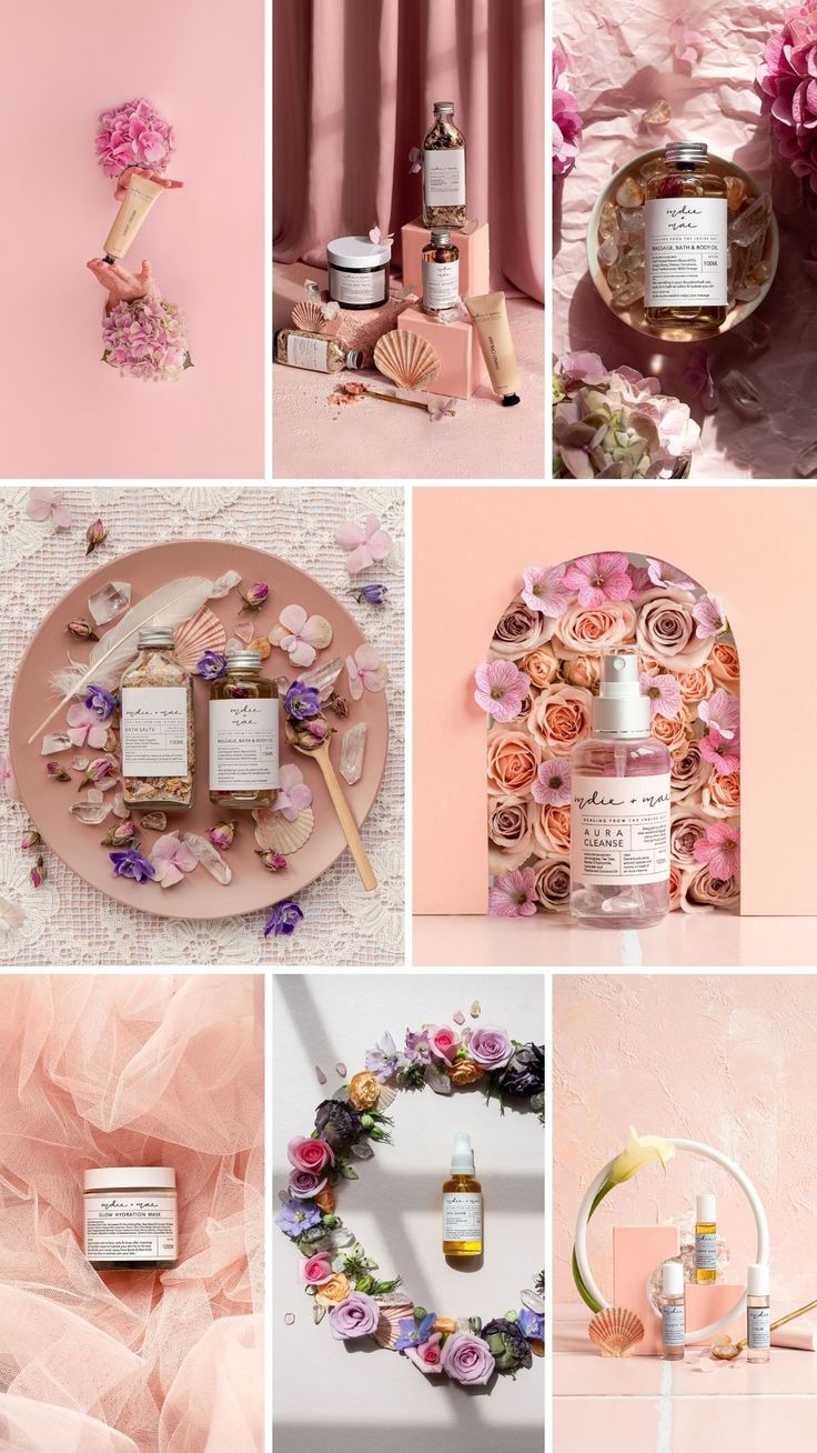 pink and gold collage with flowers, candles, perfume bottles and other things on it