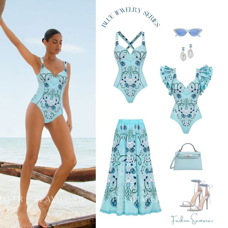 Sling Blue Jewelry Series Pattern Print One Piece Swimsuit and Skirt or Sarong Sarong Skirt, Blue Jewelry, Sarong, One Piece Swimsuit, Print Patterns, One Piece, Spandex, Skirt, Pattern