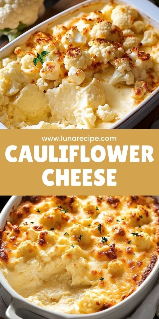 cauliflower cheese casserole in a white dish with the title above it