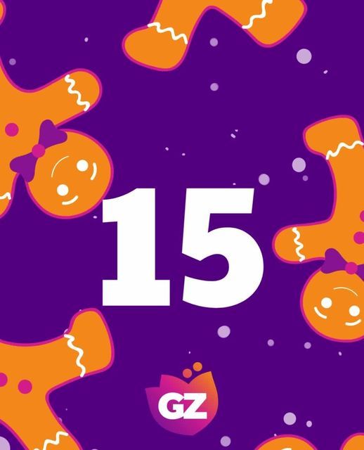 the number fifteen is surrounded by orange and purple gingerbreads on a purple background