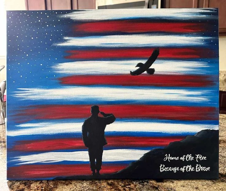 a painting of a man standing in front of an american flag with a bird flying over him