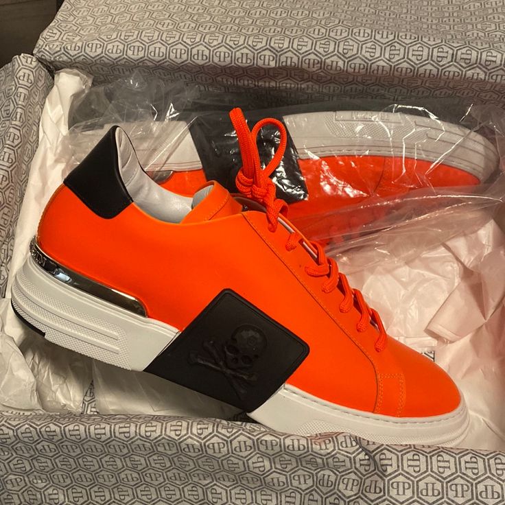 Mens Philipp Plein Salmon Colored Lo Top Sneakers. Brand New, Never Worn. Still In Original Bag. Comes With Original Box, Dust Bag, Tissue, Bags. Purchased In Vegas. Originally $630. Designer Calf Leather Sneakers For Streetwear, Designer Slip-on Custom Sneakers With Rubber Sole, Designer Custom Sneakers With Contrast Sole In Calf Leather, Casual Orange Sneakers With Leather Sole, Low-top Calf Leather Sneakers With Red Sole, Red Sole Low-top Calf Leather Sneakers, Designer Leather Sneakers With Red Sole, Red Leather Custom Sneakers With Perforated Toe Box, Modern Calf Leather Sneakers With Red Sole