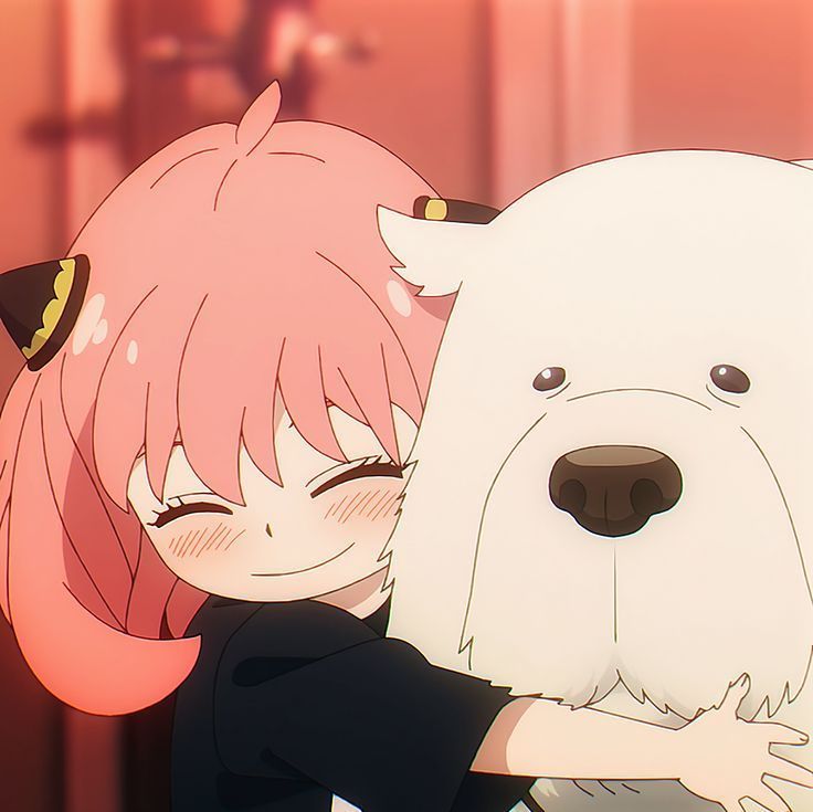 an anime character hugging a white dog with pink hair and eyes, in front of a red background