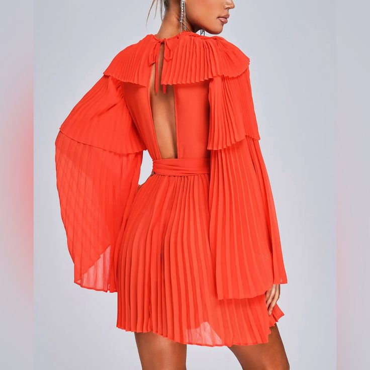 Long Sleeve Short Gown Flare Long Sleeve, Pleated Mini Dress, Flare Mini Dress, Stylish Clothes For Women, Coral Orange, Boho Maxi Dress, Red Mini Dress, Mini Dress With Sleeves, Flowing Maxi Dress