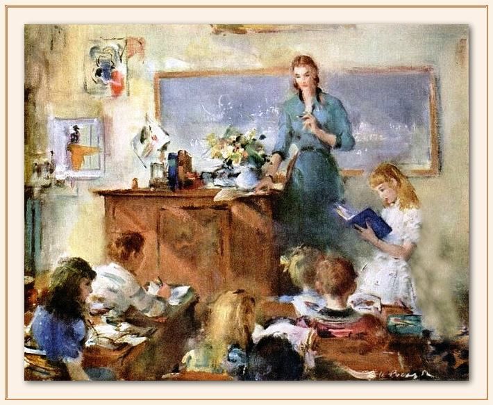 a woman standing in front of a group of children sitting at a table with books