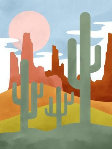 a desert scene with cactus trees, mountains and the sun in the sky above them