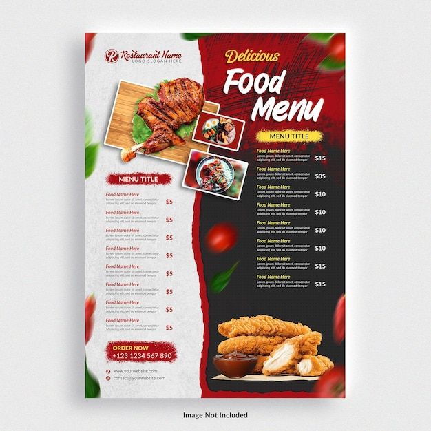 a restaurant menu with an image of food items on the front and back cover, in red