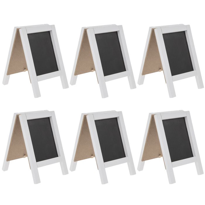 six white chalkboard eases with wooden boards on each side and one black board in the middle