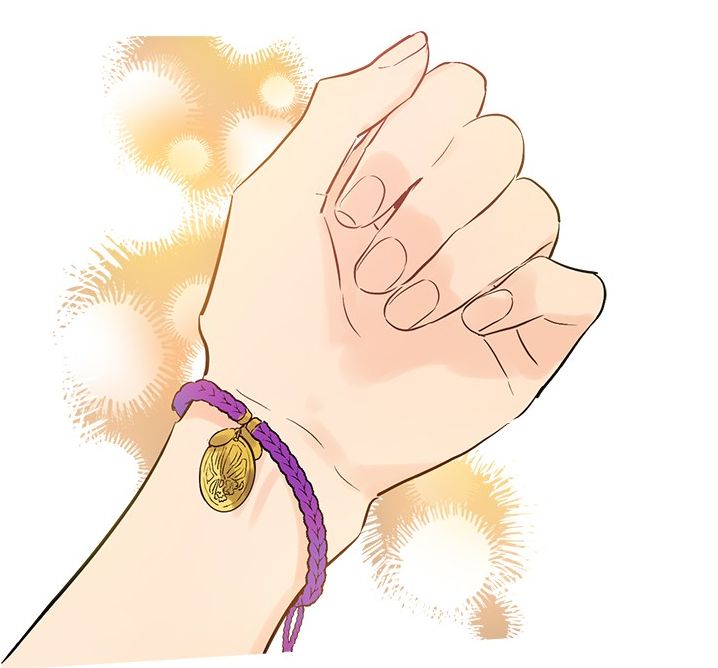 a drawing of a person's hand with a purple bracelet and a gold coin on it