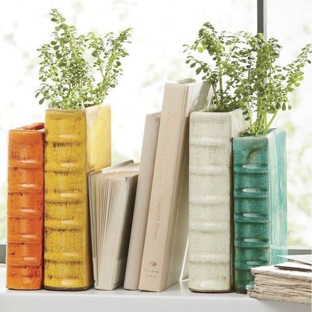 several books are lined up on a window sill in front of a potted plant