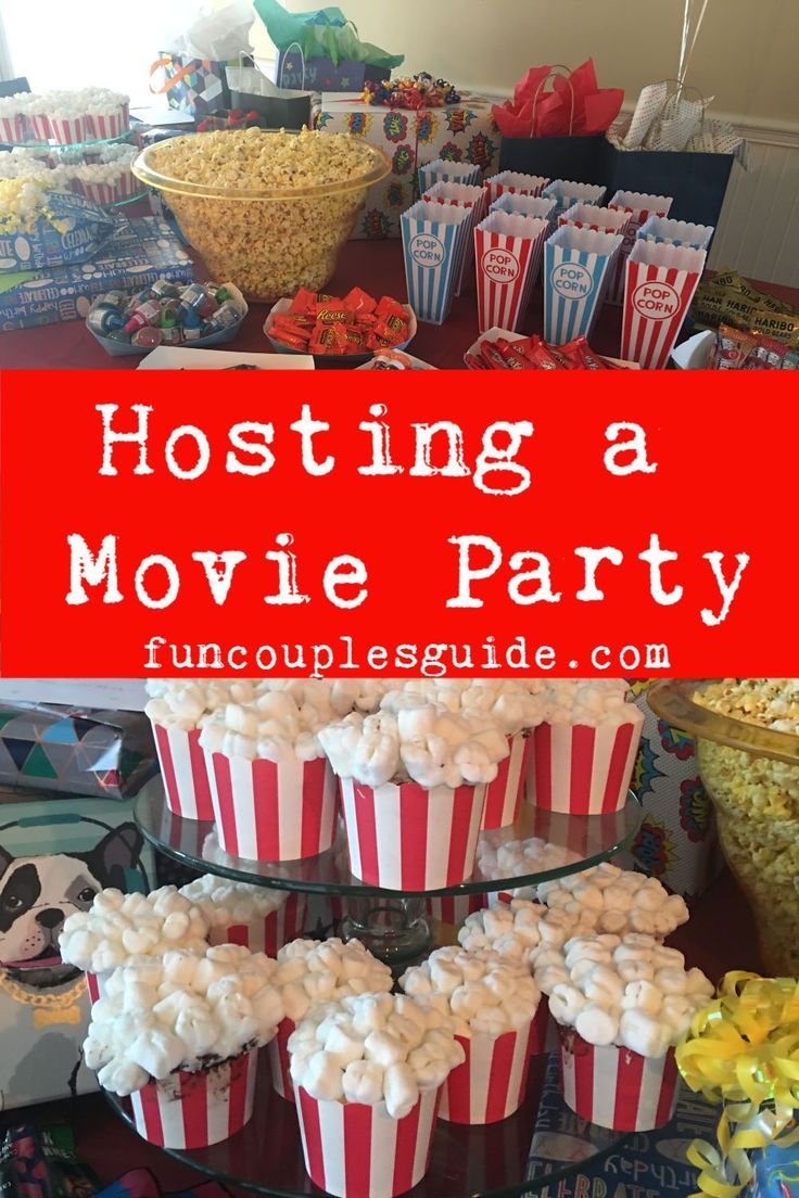 a movie party with popcorn, marshmallows and other snacks