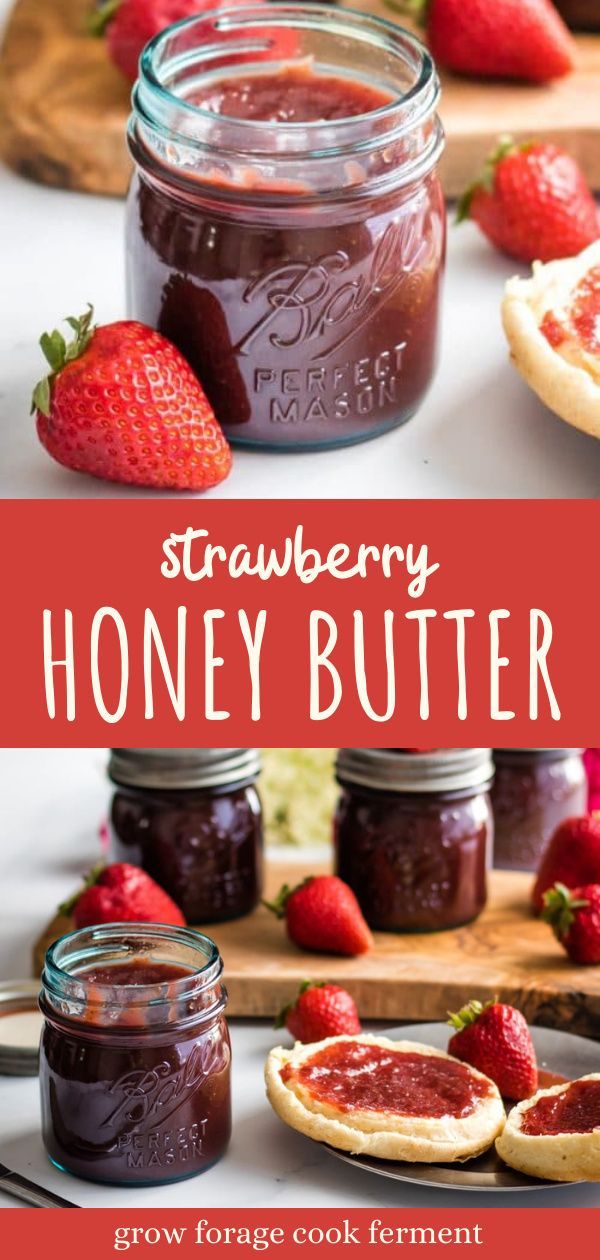 strawberry honey butter in jars with strawberries on the side