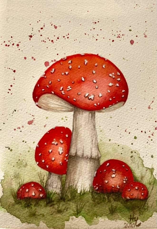 a watercolor painting of red mushrooms in the grass