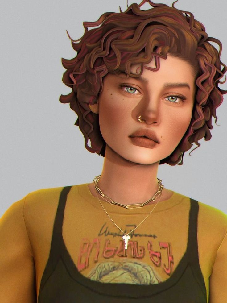 an animated image of a woman with curly hair and piercings on her nose, wearing a yellow shirt