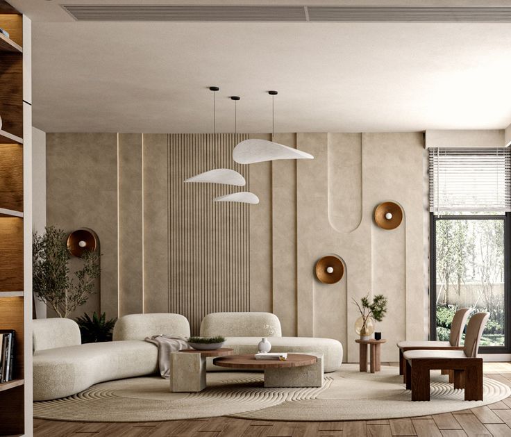 a living room filled with white furniture and lots of wood flooring on the walls