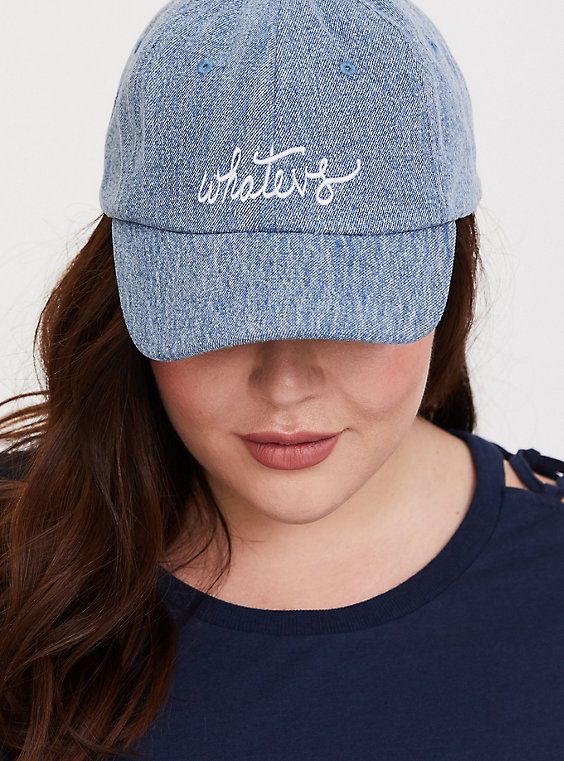 A casual denim hat has matching embroidery for a cool look that has goes-with-everything appeal. 'Whatevs' embroidery. Adjustable tab back. 24” inner circumference. Cotton/polyester/rayon. Imported plus size hats. The best plus size women's denim 'whatevs' baseball cap caps in blue. Trendy Cotton Hat With Curved Brim, Casual Trucker Hat With Embroidered Logo, Spring Cotton Snapback Cap, Trendy Cotton Dad Hat With Visor, Casual Cotton Hat With Curved Brim, Trendy Summer Baseball Cap With Embroidered Logo, Trendy Embroidered Logo Baseball Cap For Summer, Trendy Embroidered Baseball Cap For Summer, Casual Adjustable Everyday Hats