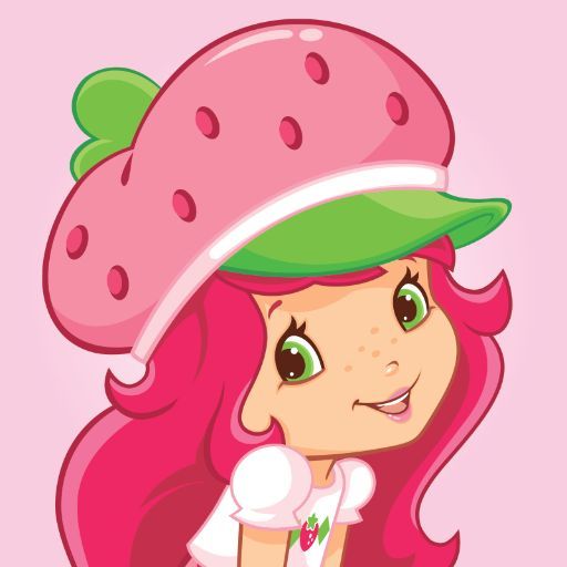 a girl with pink hair wearing a green hat and holding a strawberry on her head