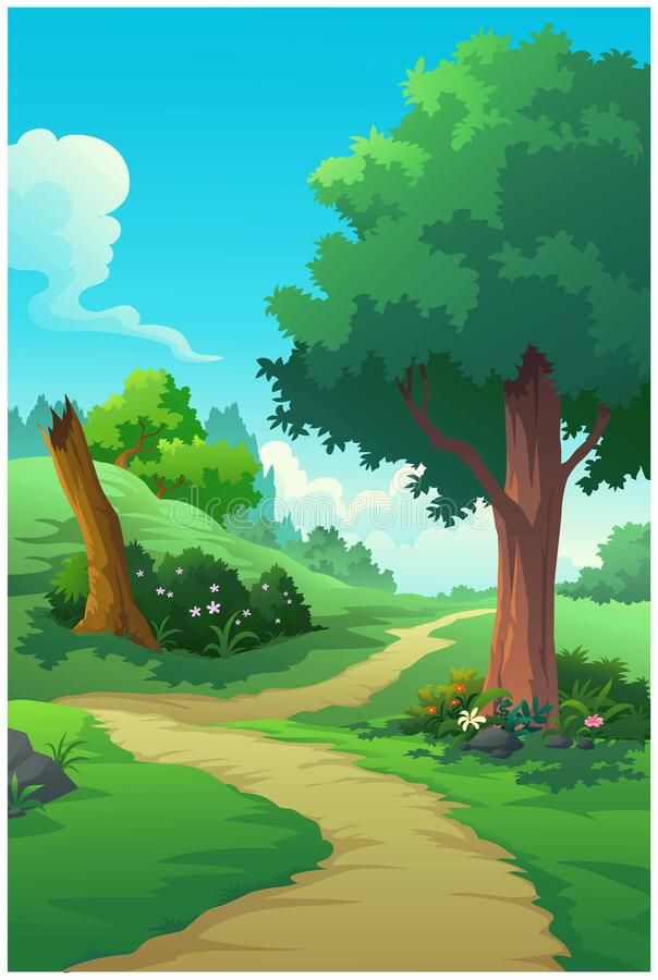 a cartoon landscape with a path through the forest