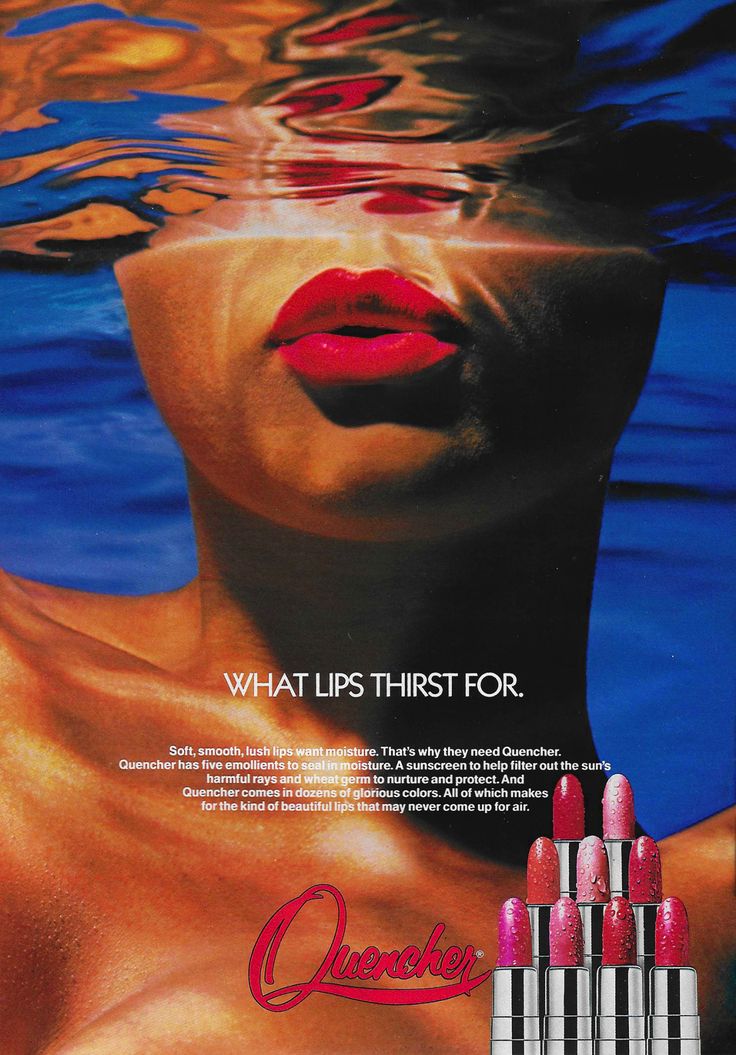 an advertisement for lipstick is shown in the water with its reflection on the woman's chest