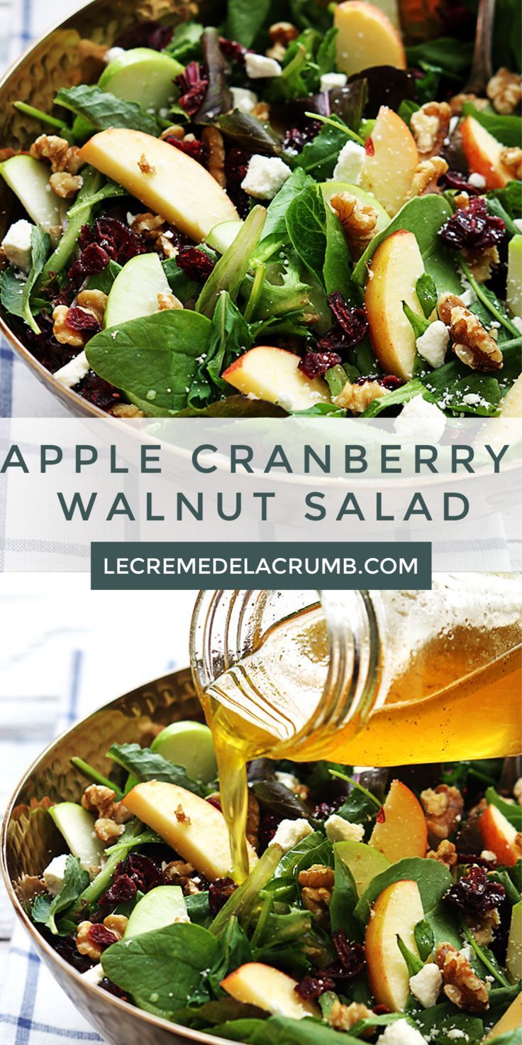 an apple cranberry walnut salad is being poured into a bowl