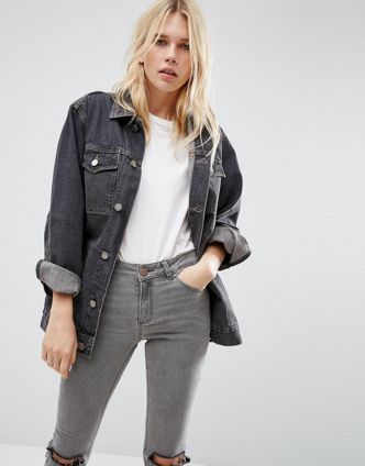 Women's Coats & Jackets | Trench & Winter Coats | ASOS Grey Jeans Outfit, Grey Jean Jacket, Button Down Outfit, Grey Denim Jacket, Dark Grey Jeans, Jean Jacket Outfits, Denim Jacket Outfit, Jackets Black, Casual College Outfits