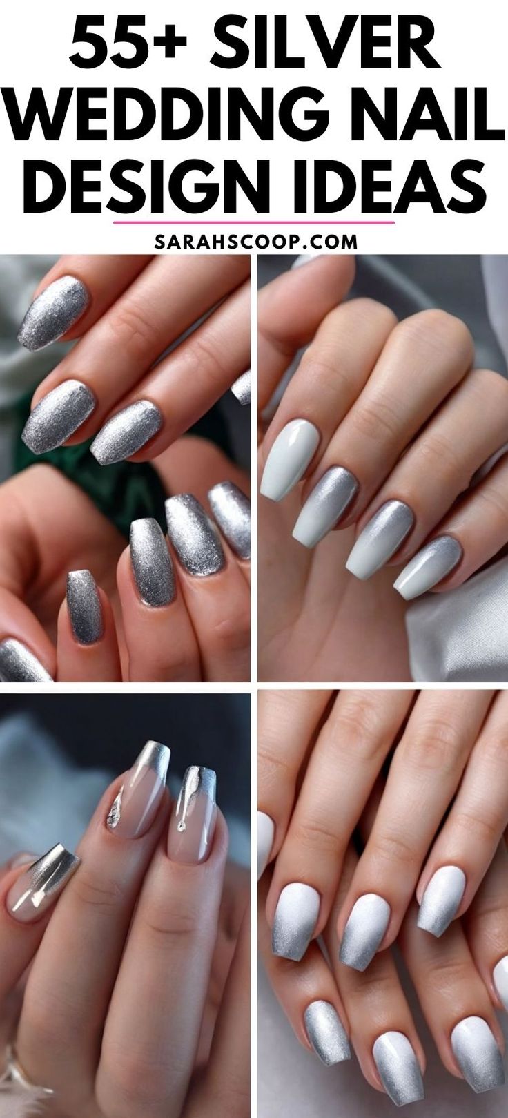 Sparkle and Shine on Your Big Day with These Exquisite Silver Nail Designs!✨💅  #naildesigns #weddingnails 25th Anniversary Nails, Dip Nails For Wedding, Silver Wedding Nails For Bride, Platinum Nail Designs, Silver Nail Polish Ideas, Gray And Silver Nail Designs, Silver Nails For Wedding, Wedding Nails Mother Of Groom, Silver Manicure Ideas