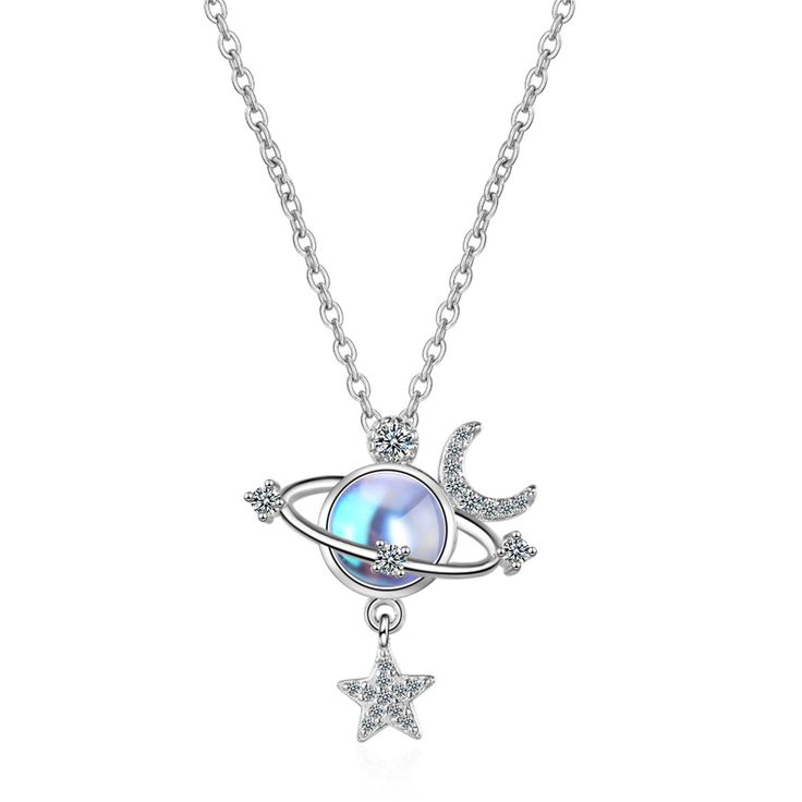 PRICES MAY VARY. 【Moon Star planet necklace】This saturn moonstone necklace has a beautiful vast universe design, representing that you are the brightest and most beautiful star in my heart. In the vast and wonderful universe, the earth revolves around the sun, the moon revolves around the earth, and beauty revolves around you. 【Material】This silver planet necklace is made of white gold plated copper and set with a artificial moonstone and accented with AAA+ cubic zirconia for a delicate elegance Astronomy Jewelry, Planet Necklace, Space Jewelry, Zircon Necklace, Sparkling Stars, Couple Necklaces, Moonstone Necklace, Silver Style, Moon Star