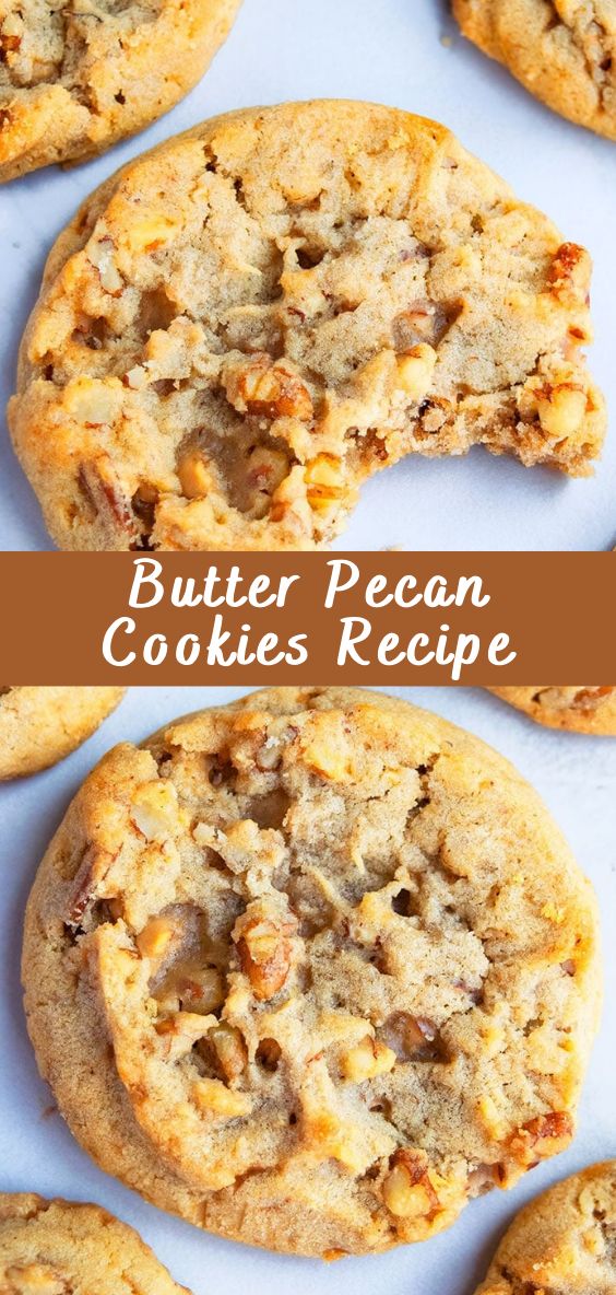 butter pecan cookies recipe with chocolate chips and crumbs in the middle, on a white surface