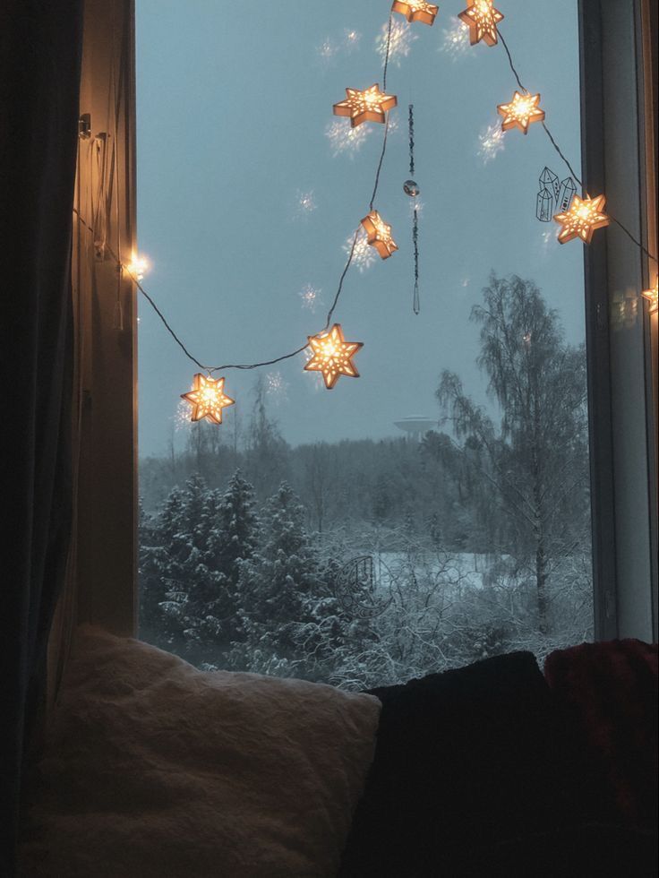 snowflakes are hanging from the window sill in front of a snowy landscape