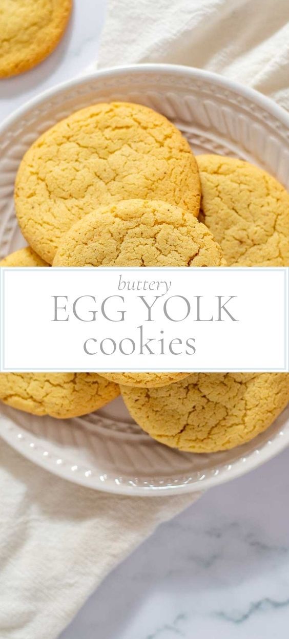 buttery egg yolk cookies on a white plate with text overlay that reads, buttery egg yolk cookies