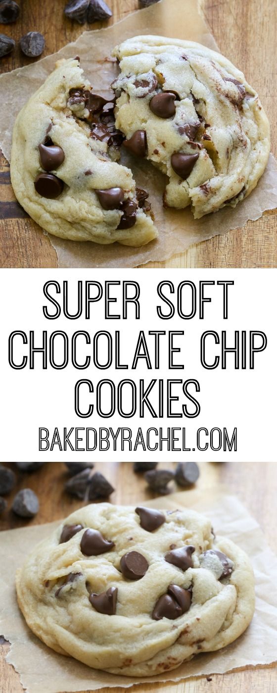 chocolate chip cookies are stacked on top of each other with the words super soft chocolate chip cookies