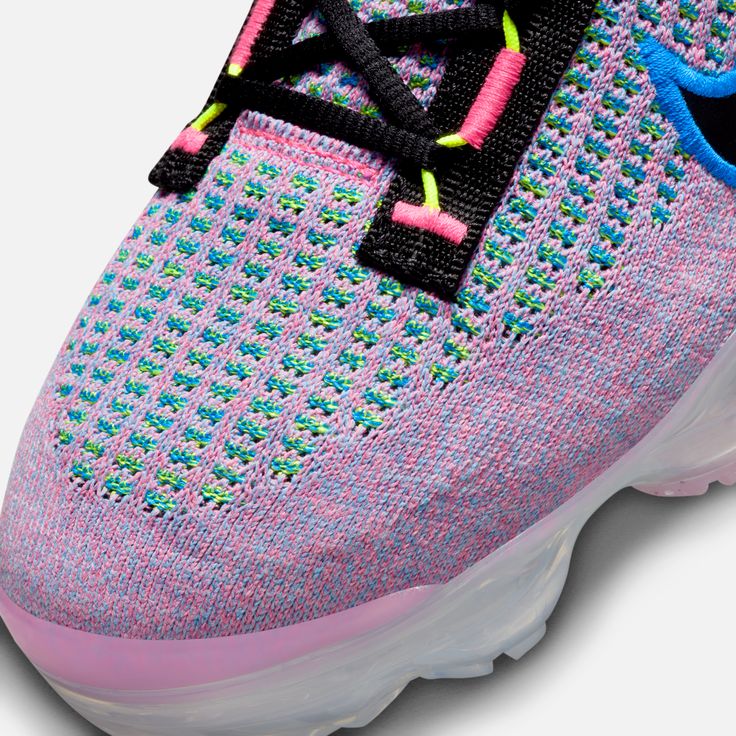 Style No. DX3369-600 Color: Pink Blast/Black/Photo Blue/Volt The Nike Air VaporMax 2021 FK is all about comfort. Its super stretchy Flyknit upper is breathable and lightweight while a soft seamless collar sculpts your ankle for a sporty look. Full-length VaporMax Air unit was the 1st Air unit to run the entire length of a shoe. It allows for smoother transitions and adds plush cushioning. Nike Air VaporMax 2021 FK Next Nature Women's Shoes. Nike Air Vapormax 2021 Fk, Plastic Heels, Futuristic Style, Air Vapormax, Swoosh Logo, Nike Air Vapormax, Sporty Look, Sketchers Sneakers, Nike Women