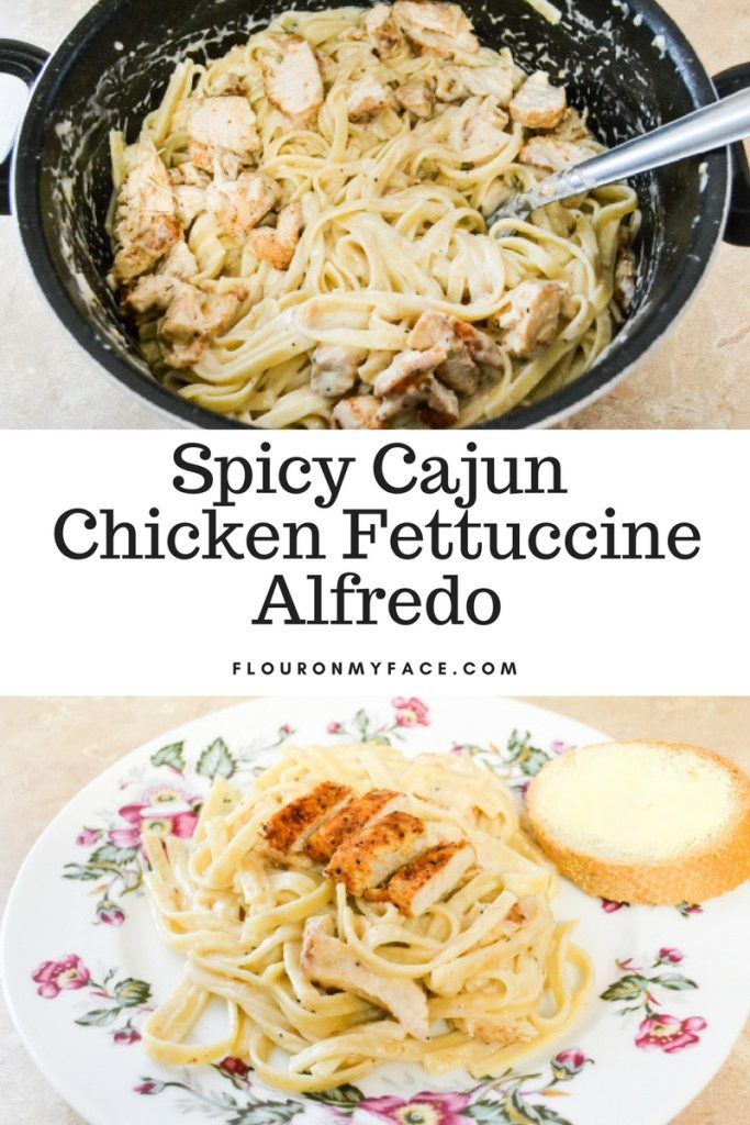 the recipe for spicy cajun chicken fettuccine alfredo in a skillet